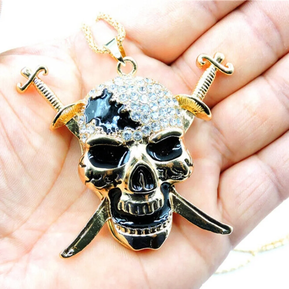 Enamel Crystal Skull Head With Daggers, Nuts, Bolts Chain Necklace- Halloween - Picture 2 of 7